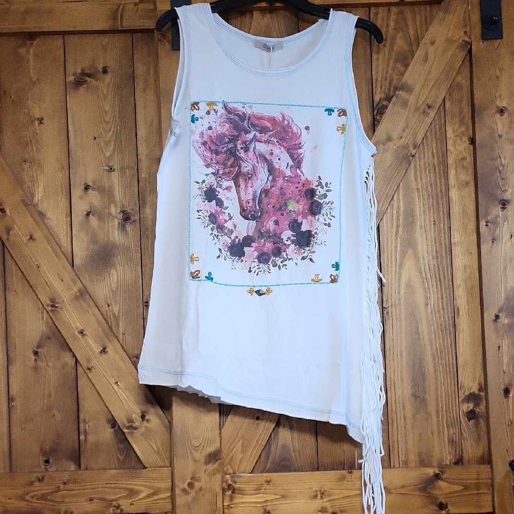 DElila White Top with Purple Print,Asymetrical Style With FringePit To Pit 20